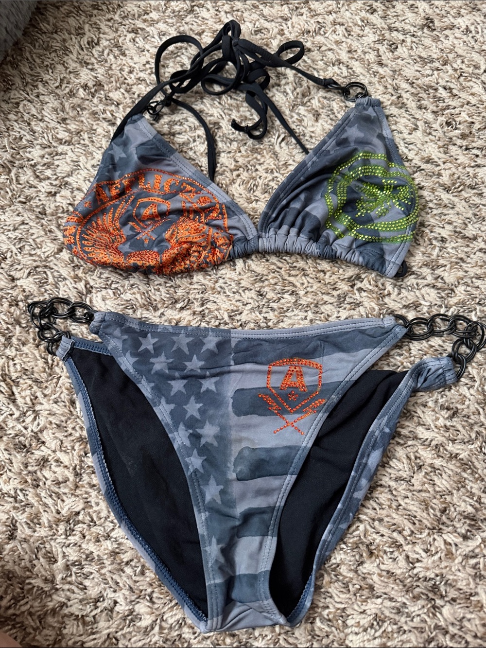 Affliction Gray Star-Print Rhinestone Bikini with Orange and Lime Accents